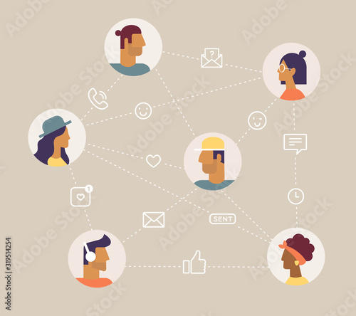 Network with photos of people. Communication between people. Vector concept illustration about social relations with cartoon characters and line icons. Flat design, isolated 