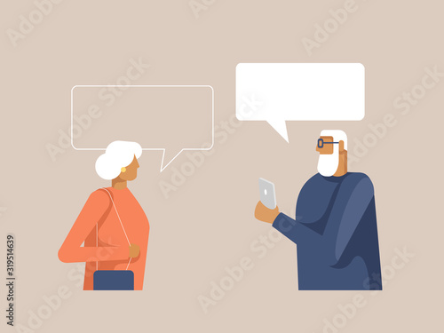 Pensioners chatting with speech bubbles. Communication and conversations between aged people. Design template for your banner or poster. Place for your text. Vector illustration in flat design style