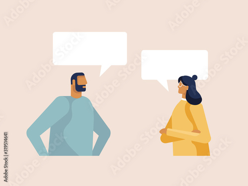 Young man and woman chatting with speech bubbles. The dialogue between people, business conversation. Design template for your banner or poster. Place for your text. Vector illustration in flat design