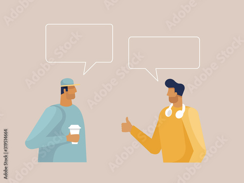 Two male character chatting with speech bubbles. People talk to each other. Design template for your banner, poster, card. Place for your text. Vector illustration in flat design style, isolated