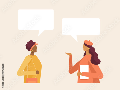 Two vector female character chatting with speech bubbles. Communication and conversations between people, business conversation. Design template for your banner or poster. Place for your text