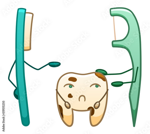 Cartoon sad dirty with dental floss and toothbrush