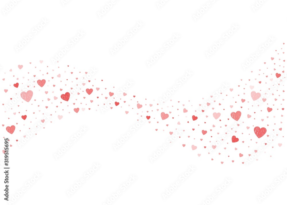 Hand drawn hearts wave abstract background. Heart shaped confetti stream background.