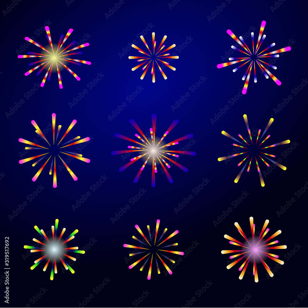 A set of festive multi-colored, different-shaped fireworks on a dark night background. Vector A set of festive multi-colored, different-shaped fireworks on a dark night background. Vector