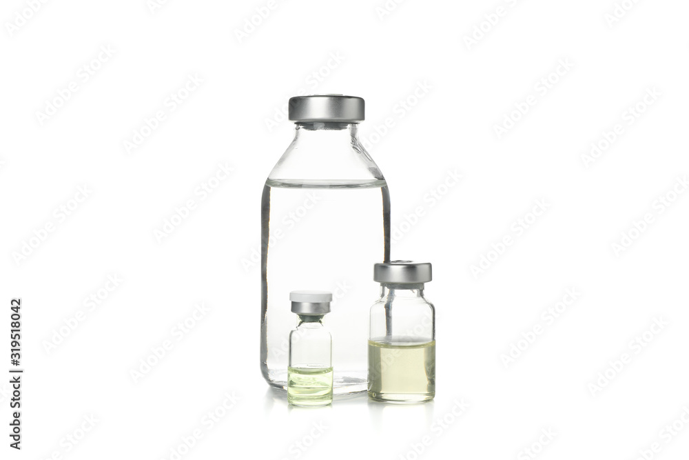 Bottle of vaccine isolated on white background. Coronavirus protection Bottle of vaccine isolated on white background. Coronavirus protection