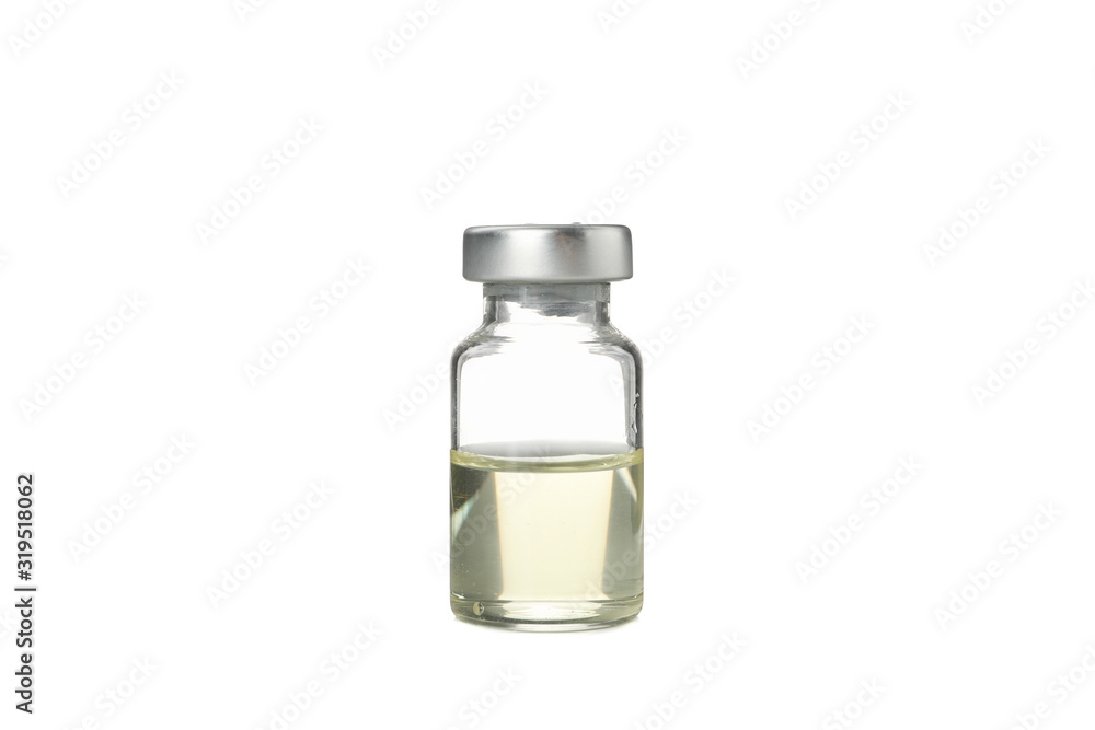 Bottle of vaccine isolated on white background. Coronavirus protection Bottle of vaccine isolated on white background. Coronavirus protection