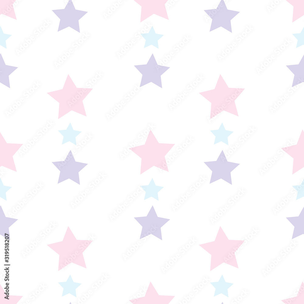 Seamless pattern with pastel pink, violet and blue stars on white background for plaid, fabric, textile, clothes, cards, post cards, scrapbooking paper, tablecloth and other things. Vector image. Seamless pattern with pastel pink, violet and blue stars on white background for plaid, fabric, textile, clothes, cards, post cards, scrapbooking paper, tablecloth and other things. Vector image.