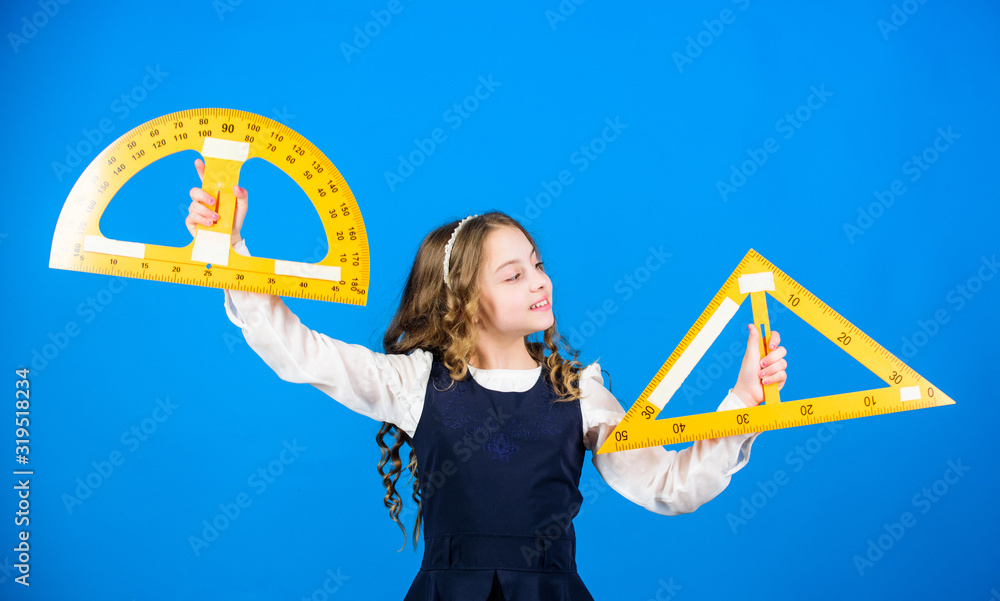 School student study geometry. Kid school uniform hold ruler. School ...