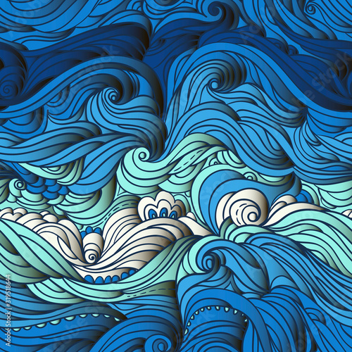Seamless marine pattern. Abstract water background with curly hand-drawn lines. Blue waves and tides vector backdrop. Sea and ocean theme. Eps 10