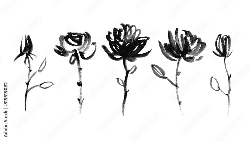 Black brush strokes with hand-drawn ink. Abstract drawing by hand. Flowers dry texture brush. Stylized peonies. Grunge isolated illustration. Postcard, textile monochrome design element.