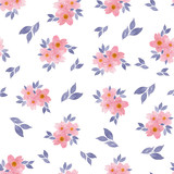 seamless floral background with pink flowers, soft pink flowers and blue indigo leaves isolated on white
