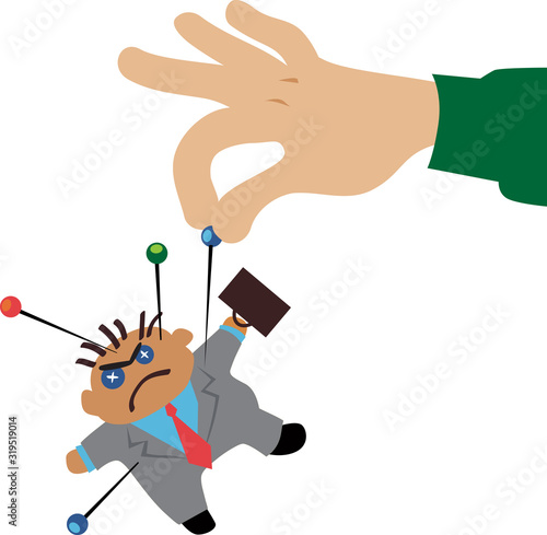 Hand sticking pins into a voodoo doll businessman, EPS 8 vector illustration