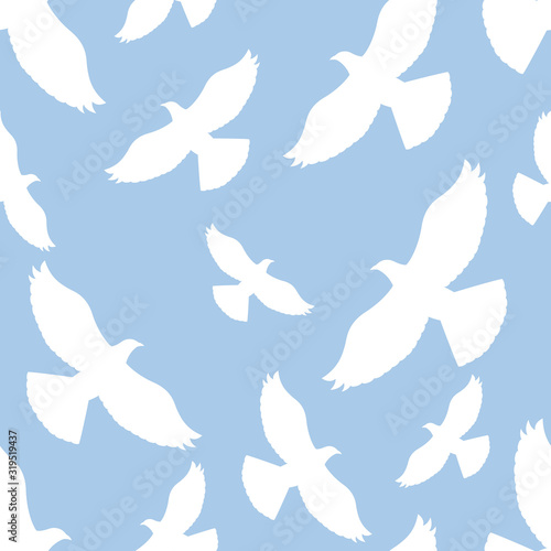 Seamless pattern with pigeons soaring in sky
