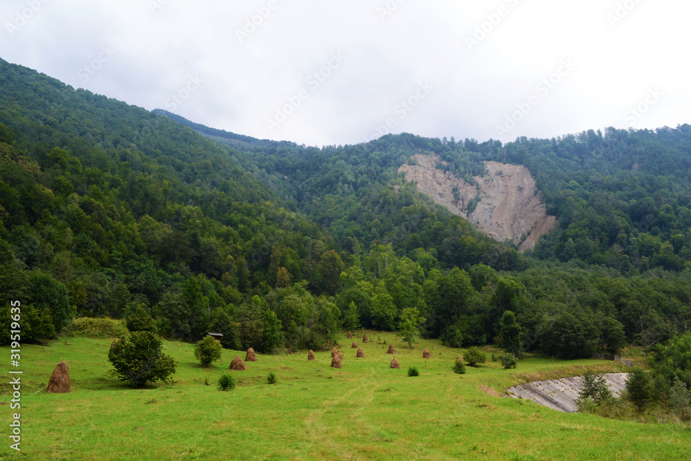 Rural landscape with haystacks in Ramnicu Valcea.