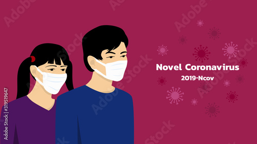 Vector Asian Chinese man and woman in medical masks on red background. Concept Virus - warning danger. Novel coronavirus (2019-nCoV), MERS-Cov (middle East respiratory syndrome coronavirus)