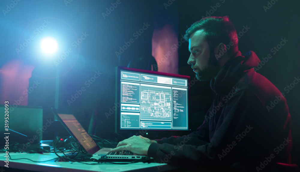 Internet fraud, darknet, data thiefs, cybercrime. Hacker attack on government server. Dangerous criminals coding virus programs in the basement. Internet fraud, darknet, data thiefs, cybercrime. Hacker attack on government server. Dangerous criminals coding virus programs in the basement.