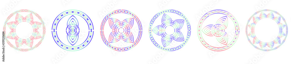 Set of colored mandalas. Geometric patterns in circle. The Eastern Buddhist symbol. Decoration for henna patterns. Painted in gradient of purple, orange, and blue.