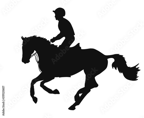 Equestrian eventing. Athlete and his horse during a cross-country race, silhouette