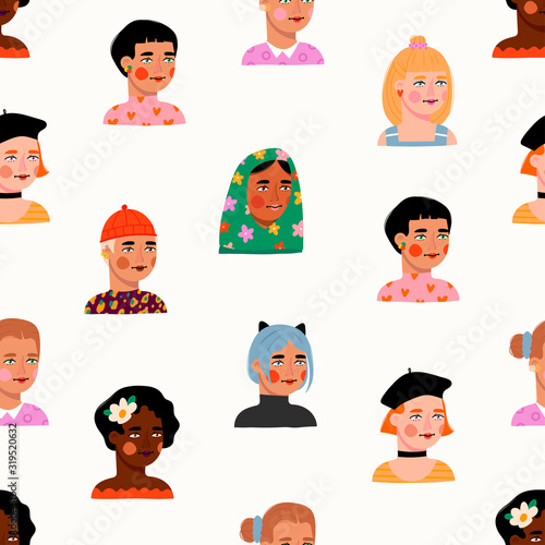 Happy international women's day. Big Set of various female heads. Women avatars. Various races and nationalities. Colored hand drawn vector Seamless Pattern. Various clothes and haircuts