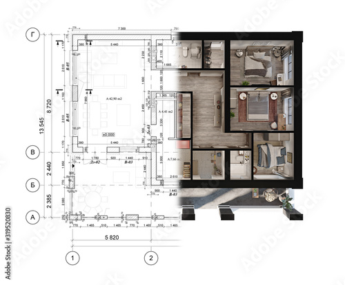 3d rendering of a modern private house located on the architectural technical drawing