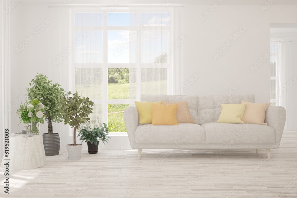 Fototapeta premium Stylish room in white color with sofa. Scandinavian interior design. 3D illustration
