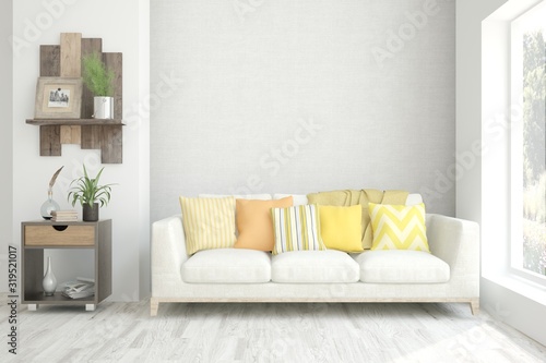 Stylish room in white color with sofa. Scandinavian interior design. 3D illustration © AntonSh