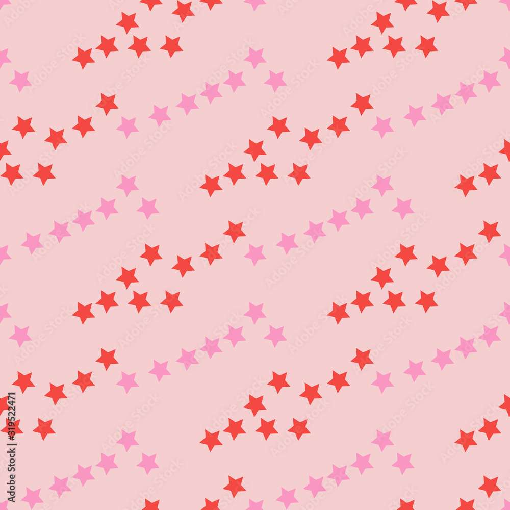 Seamless pattern with red and pink stars on light pink background for plaid, fabric, textile, clothes, cards, post cards, scrapbooking paper, tablecloth and other things. Vector image.