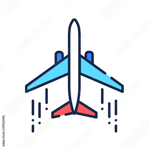 Airplane color line icon. Powered, fixed-wing aircraft. Propelled forward by thrust from a jet engine. Pictogram for web page, mobile app, promo. UI UX GUI design element. Editable stroke.