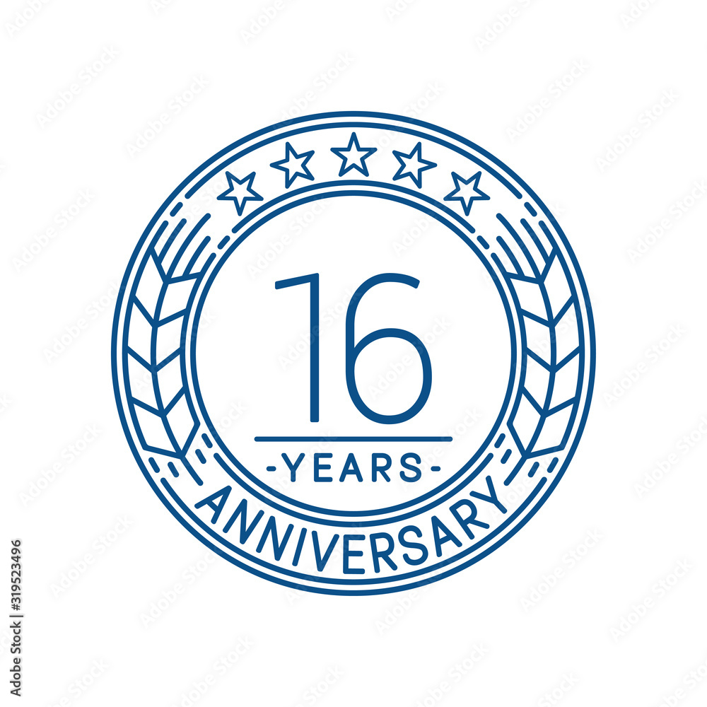 16 years anniversary celebration logo template. Line art vector and illustration.