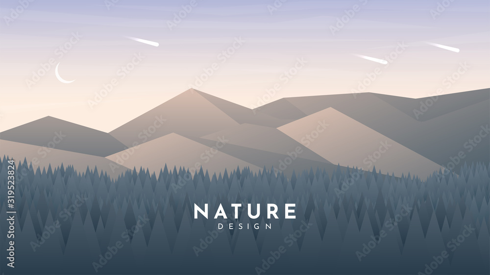 Naklejka Forest and mountains landscape. Layered style. Evening sunset. Website or game template. Woods and hills. Trees near rocks. Clean sky. Polygonal minimalist design. Triangle shapes. Travel concept