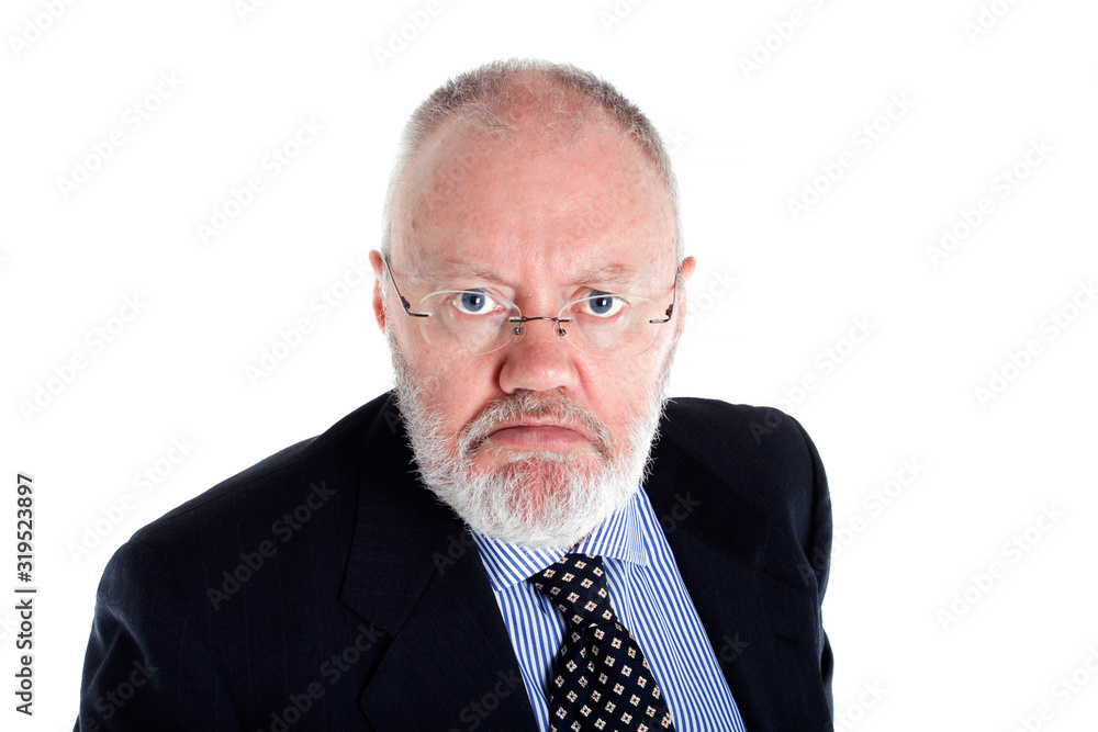 Senior elderly man as Lawyer Director Teacher or Salesman is feeling disappointed on white background Senior elderly man as Lawyer Director Teacher or Salesman is feeling disappointed on white background