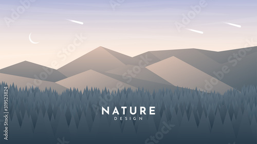 Plakat Forest and mountains landscape. Layered style. Evening sunset. Website or game template. Woods and hills. Trees near rocks. Clean sky. Polygonal minimalist design. Triangle shapes. Travel concept