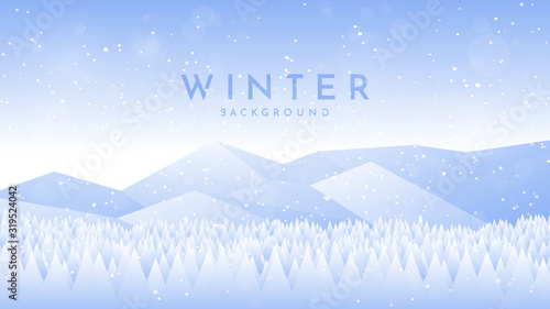 Vector illustration. Flat winter landscape. Simple snowy backgrounds. Snowdrifts. Snowfall. Clear blue sky. Blizzard. Snowy weather. Winter season. Panoramic wallpapers