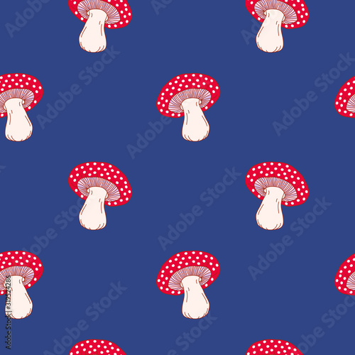 Seamless pattern with fly agaric, amanita hallucinogenic mushrooms on blue background. Fun vector wallpaper.	