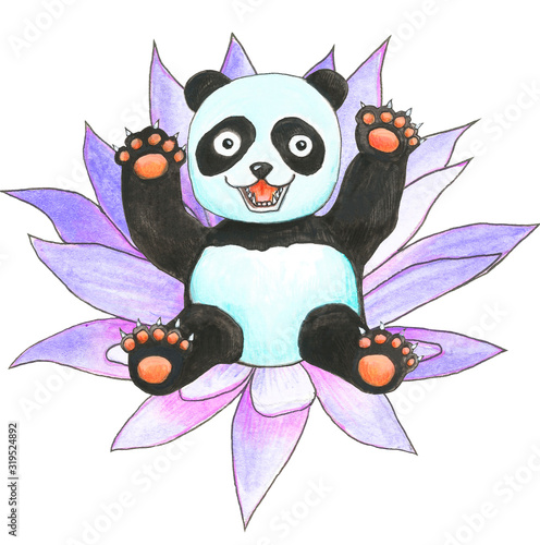Bright illustration happy panda with flower. Cute funny baby panda.