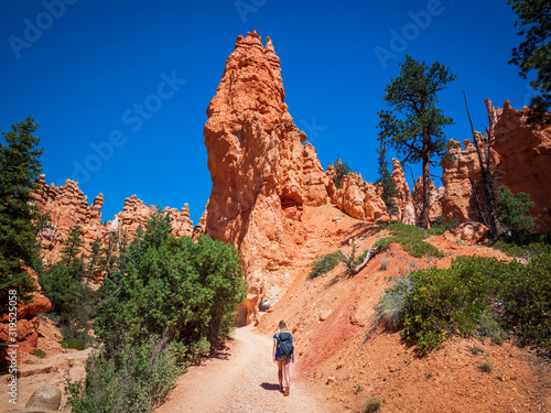 Young woman travels Bryce Canyon national park in Utah, United States, people travel explore nature. Bryce is a collection of giant natural amphitheaters distinctive due Hoodoos geological structures