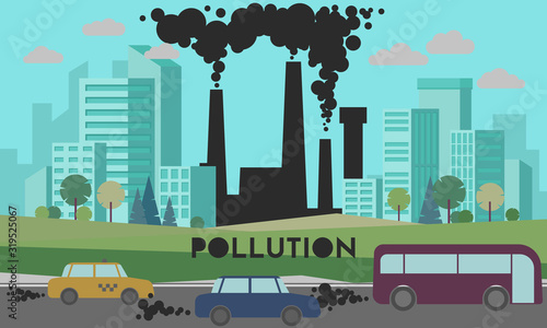 Car, bus air pollution. City road smog, factories smoke and industrial carbon dioxide clouds. Vehicle toxic pollution, polluted air or environment car waste hazard cartoon vector illustration