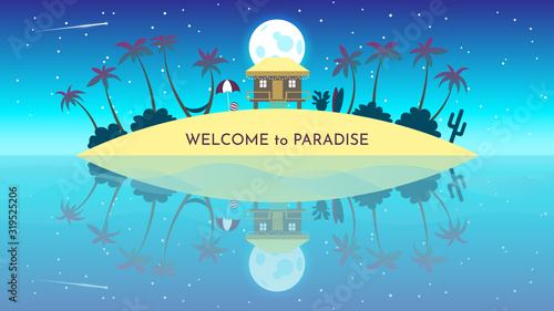 Vector banners with summer resort.  Night, moon, stars, asteroid on paradise island. Sandy beach. Simple design. Vacation concept. Background illustration