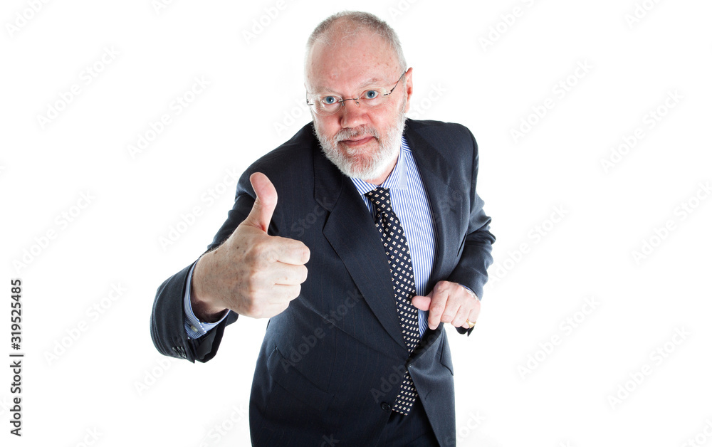 Senior elderly man as Teacher or Salesman is feeling happy and satisfied on white background Senior elderly man as Teacher or Salesman is feeling happy and satisfied on white background