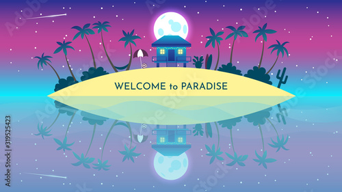 Vector banners with summer resort.  Night, moon, stars, asteroid on paradise island. Sandy beach. Simple design. Vacation concept. Background illustration