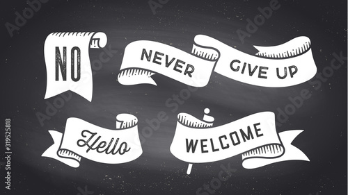 Ribbon Banner. Set of black and white ribbon banner with text, phrase. White isolated vintage old school silhouette ribbon with text Hello, Welcome, No on black chalk board. Vector Illustration