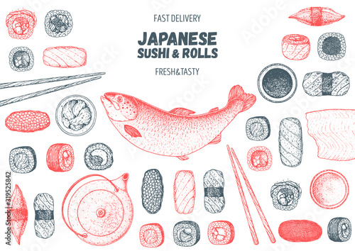 Sushi and rolls vector illustration. Hand drawn sketch. Japanese food menu design. Vintage vector elements for japanese cuisine menu. Retro style design. Food and drink collection.