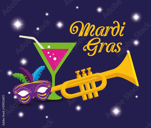 Mardi gras trumpet cocktail and mask design