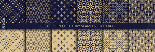 Set of vector seamless luxury patterns. Collection of ornamental patterns in navy blue and gold colors.