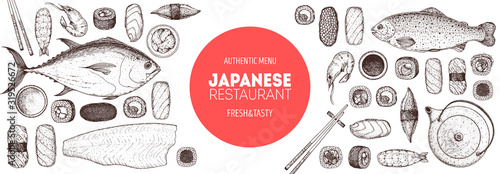 Sushi and rolls vector illustration. Hand drawn sketch. Japanese food menu design. Vintage vector elements for japanese cuisine menu. Retro style design. Food and drink collection.