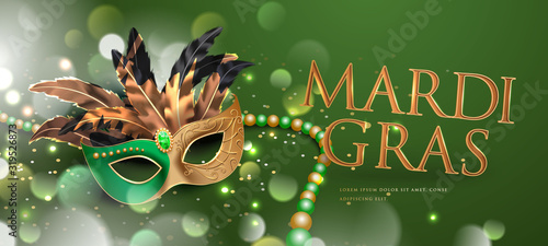 Mardi gras carnival party with masquerade mask, glowing glitter feather and beads 3d vector banner background illustration