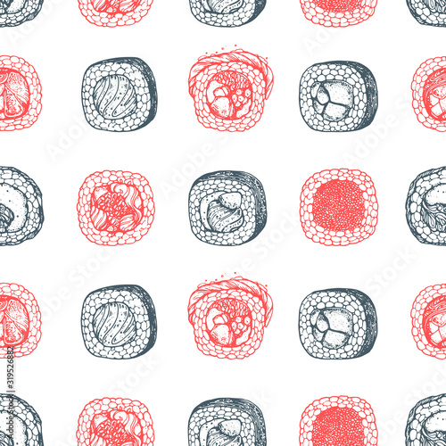 Sushi and rolls seamless pattern, vector illustration. Hand drawn sketch. Japanese food menu design. Vintage vector elements for japanese cuisine menu. Retro style design. Food and drink background.