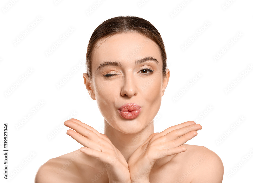Beautiful young woman with healthy skin on white background Beautiful young woman with healthy skin on white background