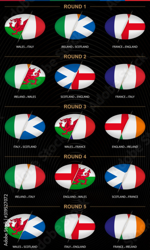 Rugby Tournament all 5 rounds, 15 matches. Ball shaped rugby icon on black background.