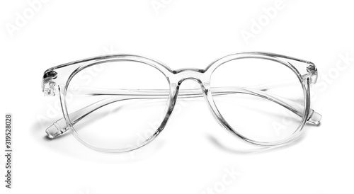 Stylish eyeglasses on white background